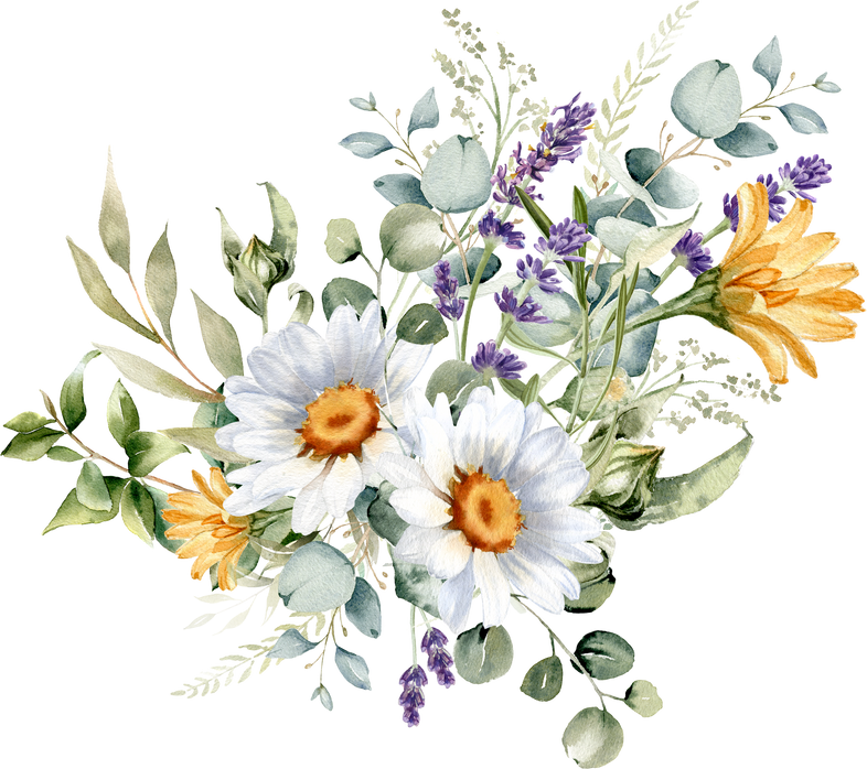 Watercolor flowers and herb bouquet